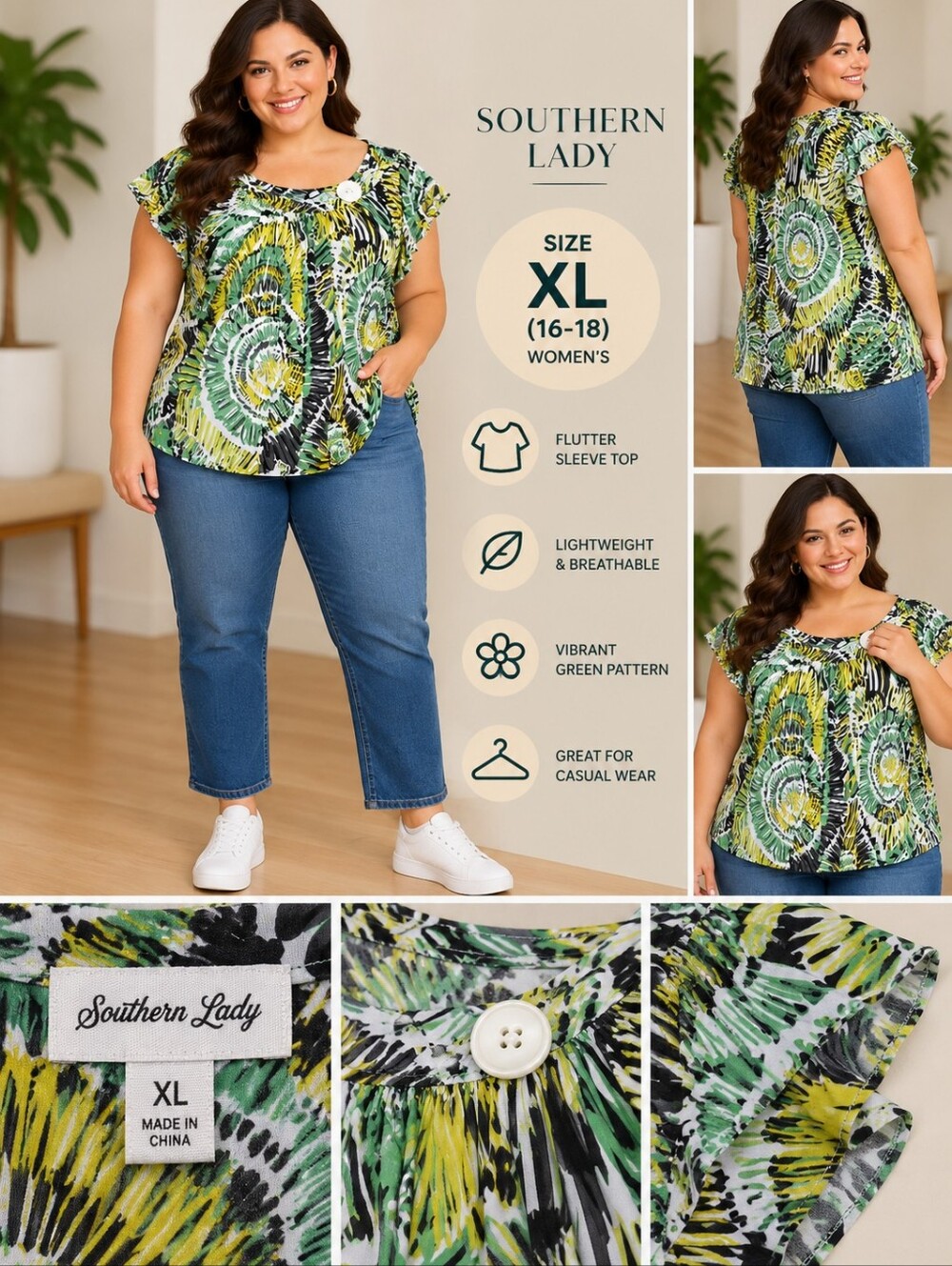 Southern lady Women's XL Green patterned blouse #38